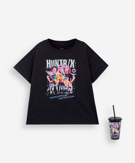 camiseta infantil de algodão manga curta guerreiras do kpop com brinde preta