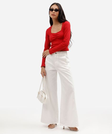 calça super wide leg feminina de sarja cintura média off white