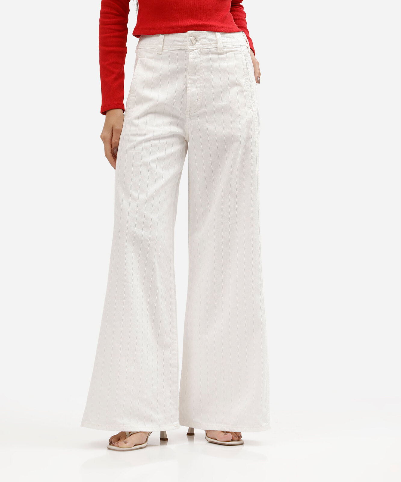 calça super wide leg feminina de sarja cintura média off white