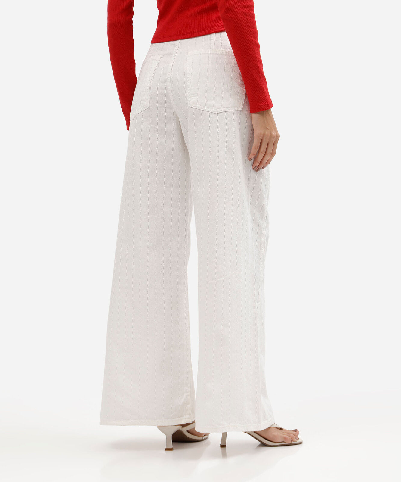 calça super wide leg feminina de sarja cintura média off white
