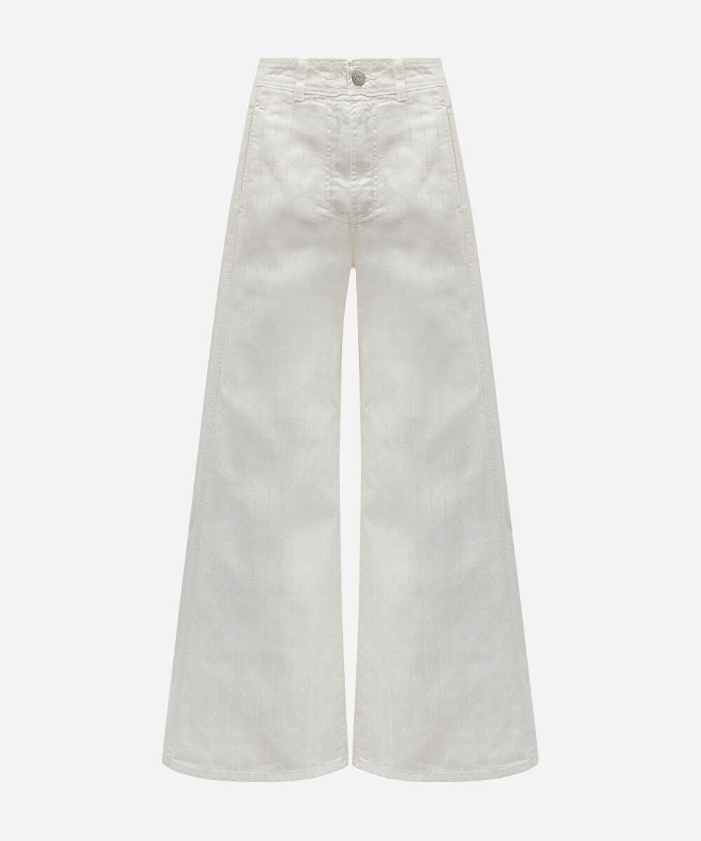calça super wide leg feminina de sarja cintura média off white