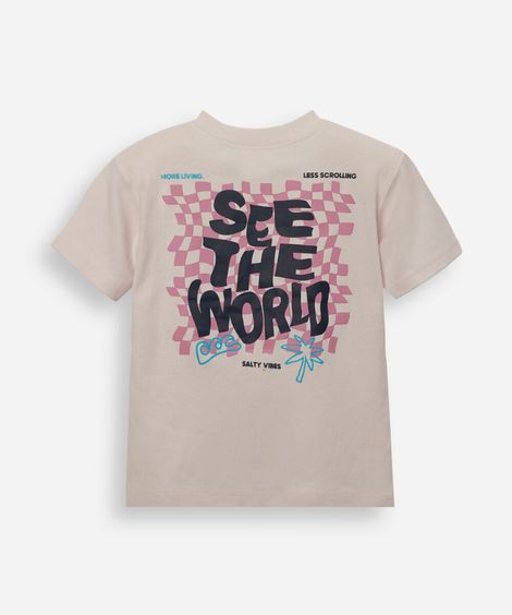 camiseta infantil de algodão manga curta estampada bege