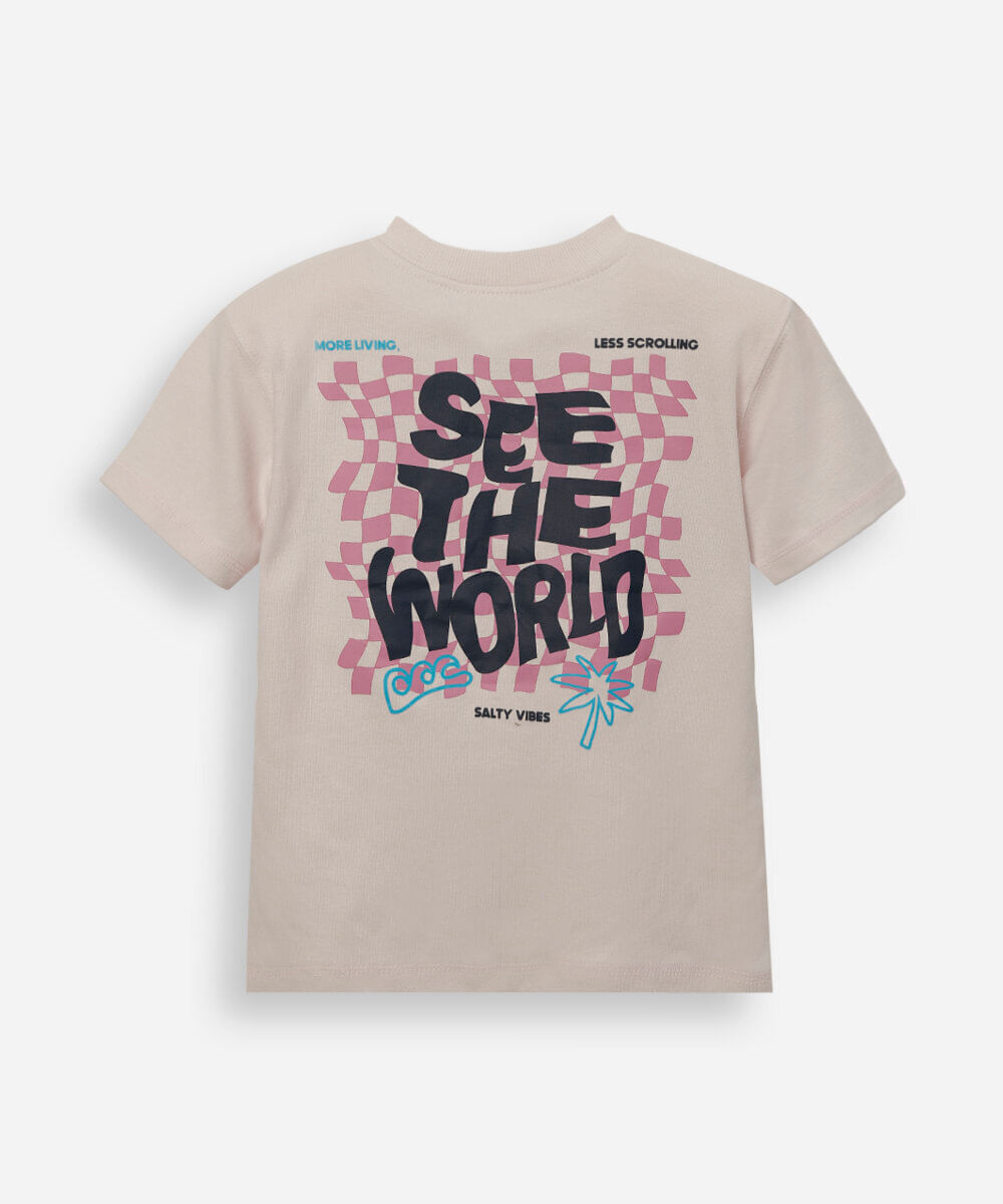 camiseta infantil de algodão manga curta estampada bege