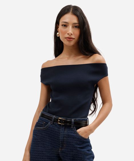 blusa feminina de tricot ombro a ombro azul