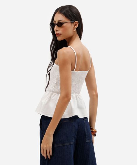 top feminino de alcinha em tricoline com lastex e babado peplum off white