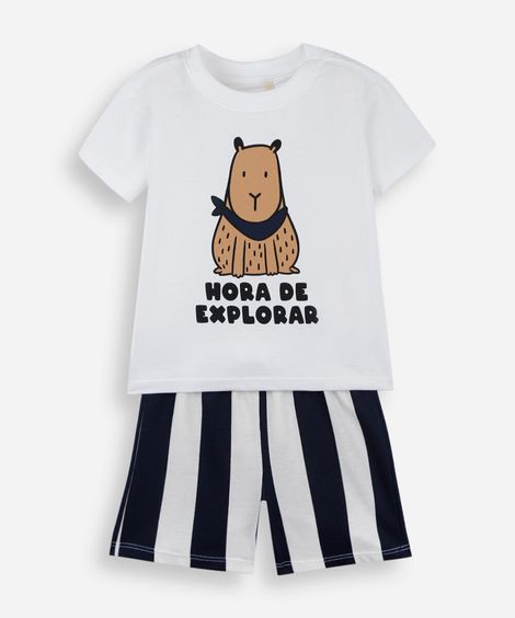 conjunto curto infantil de algodão listrado off white