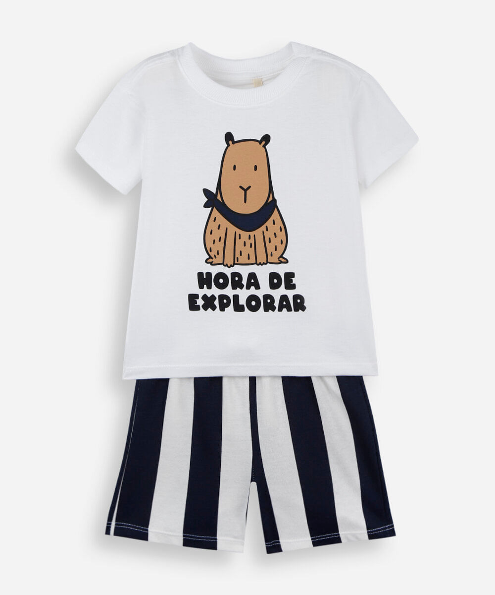 conjunto curto infantil de algodão listrado off white