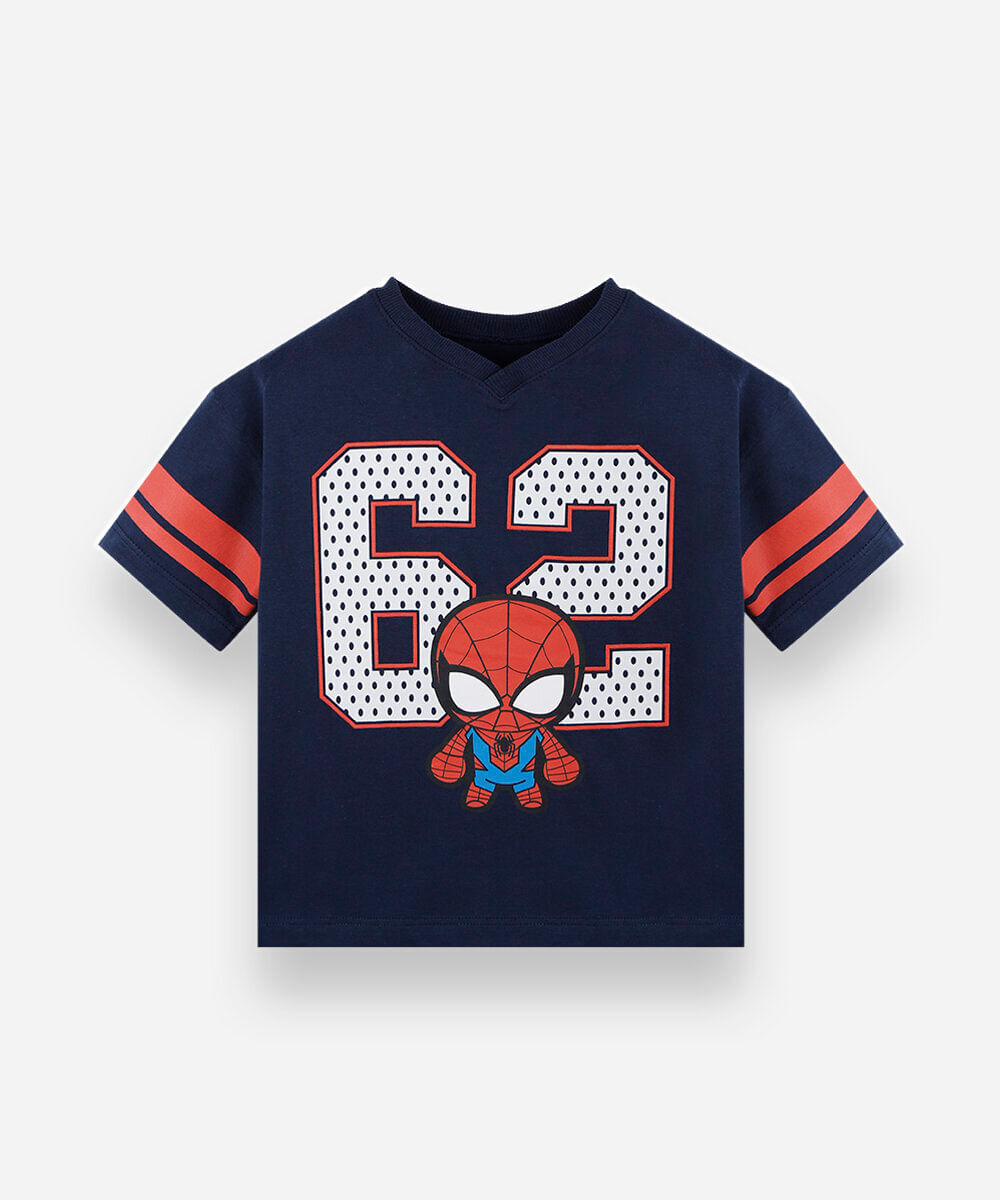 camiseta oversized infantil de algodão gola v manga curta homem aranha azul