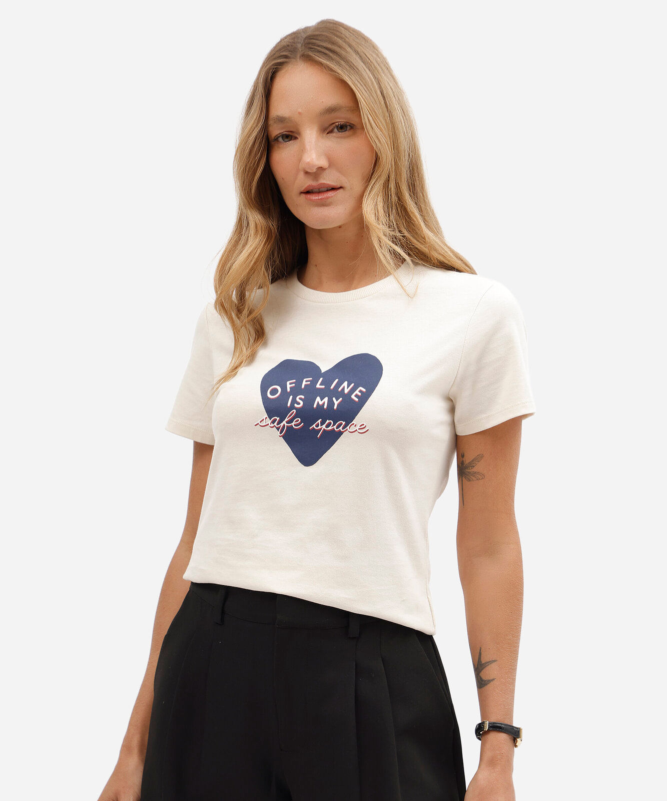 camiseta slim feminina de algodão manga curta estampada básica off white