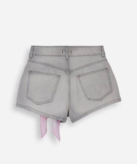 short juvenil jeans cintura alta com lenço cinza