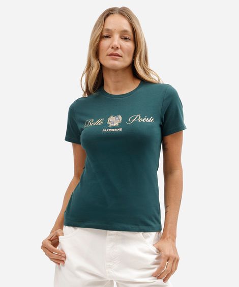 camiseta slim feminina de algodão manga curta estampada básica verde