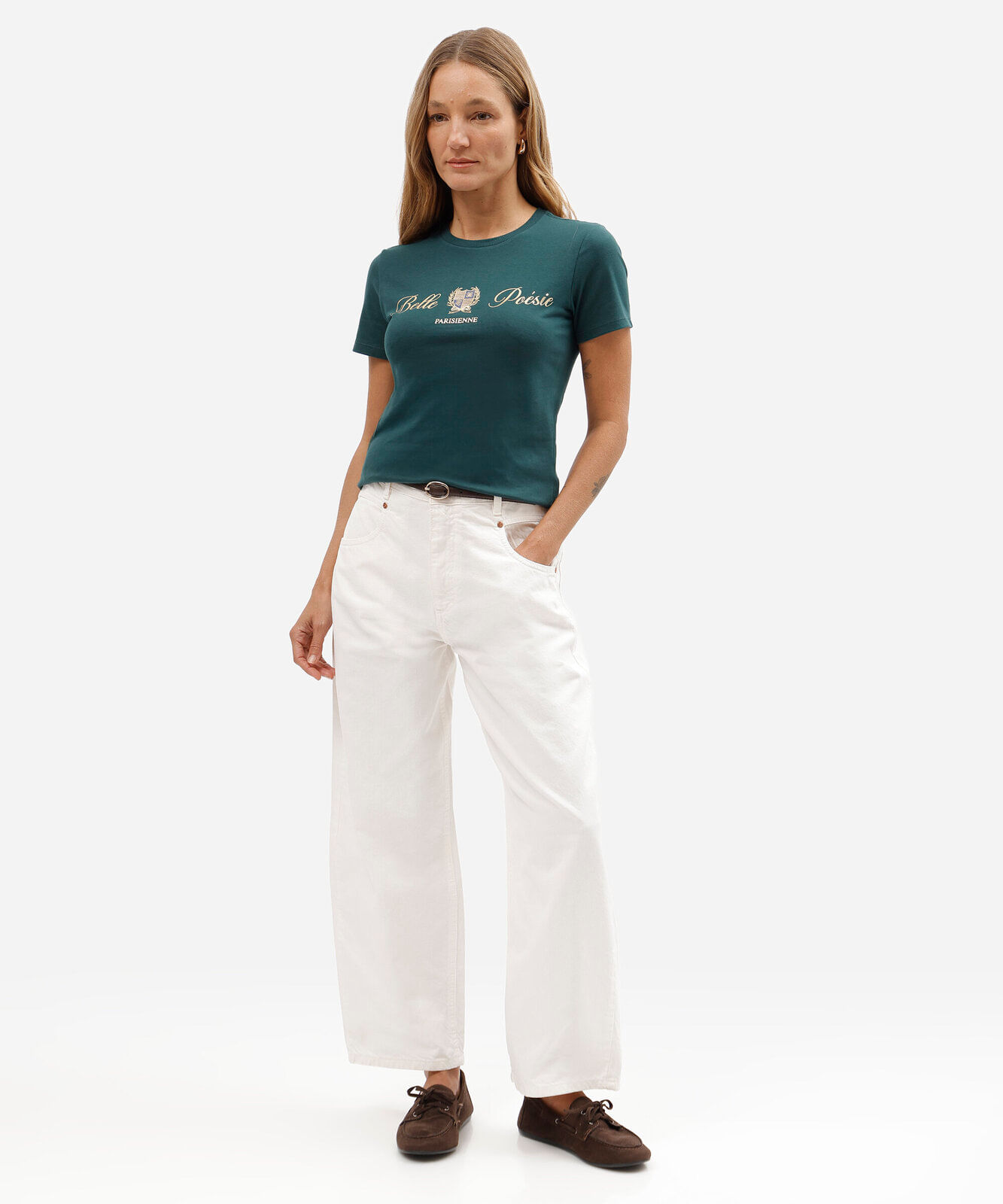 camiseta slim feminina de algodão manga curta estampada básica verde