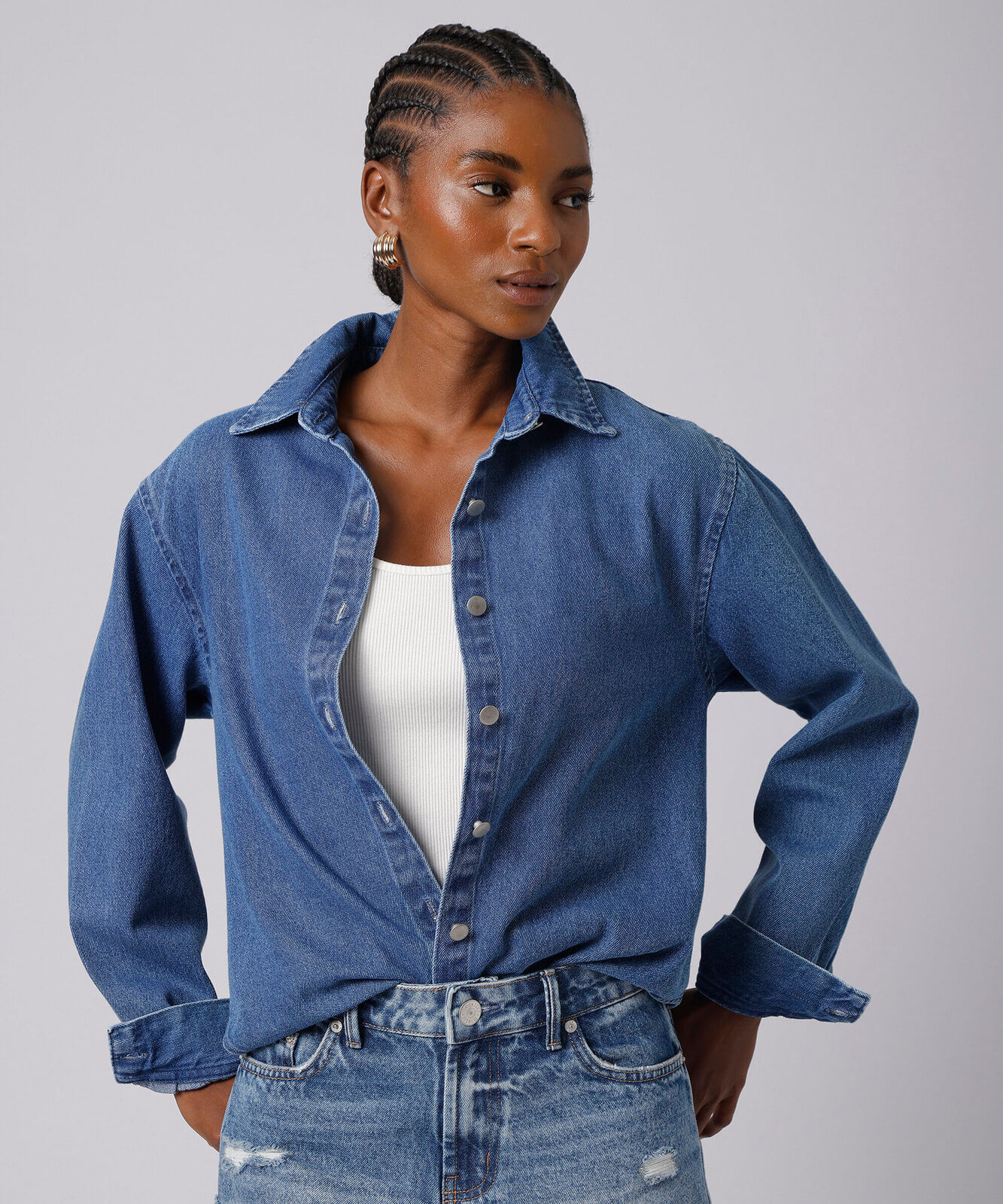 camisa feminina jeans manga longa mindset azul