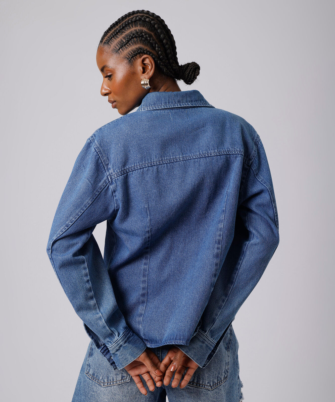 camisa feminina jeans manga longa mindset azul