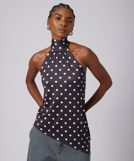 blusa frente única feminina gola alta assimétrica poá mindset preta