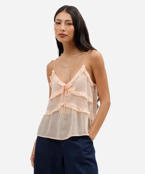 blusa feminina alça fina com babados texturizada laranja