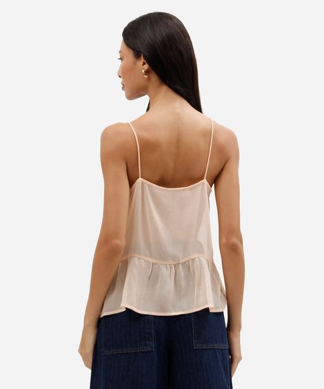 blusa feminina alça fina com babados texturizada laranja