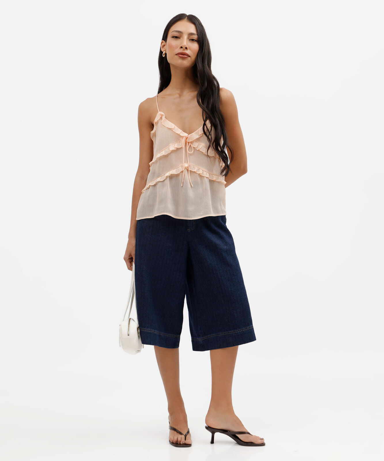blusa feminina alça fina com babados texturizada laranja