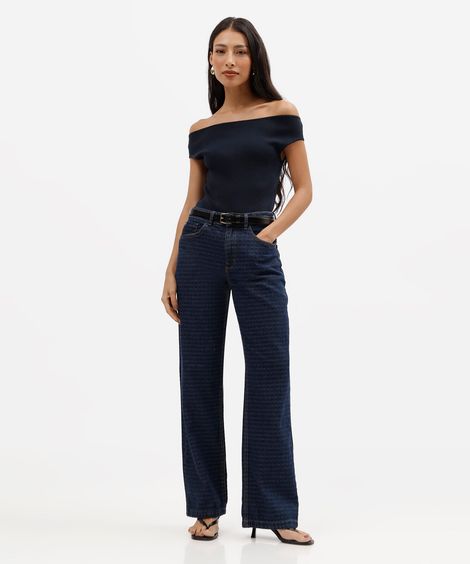 calça wide leg slim feminina jeans cintura alta texturizada azul