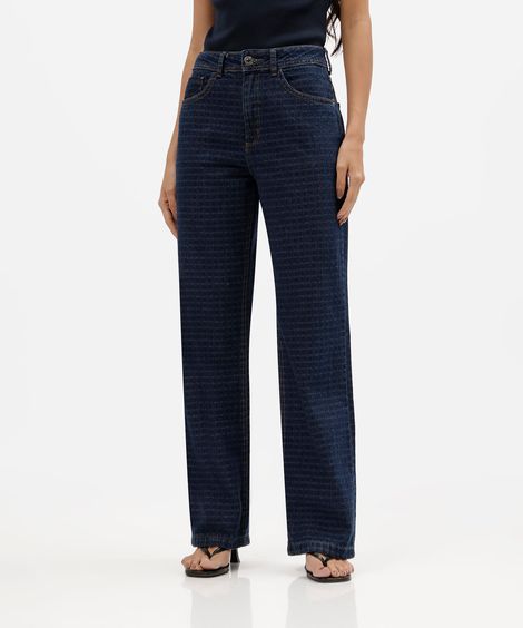 calça wide leg slim feminina jeans cintura alta texturizada azul