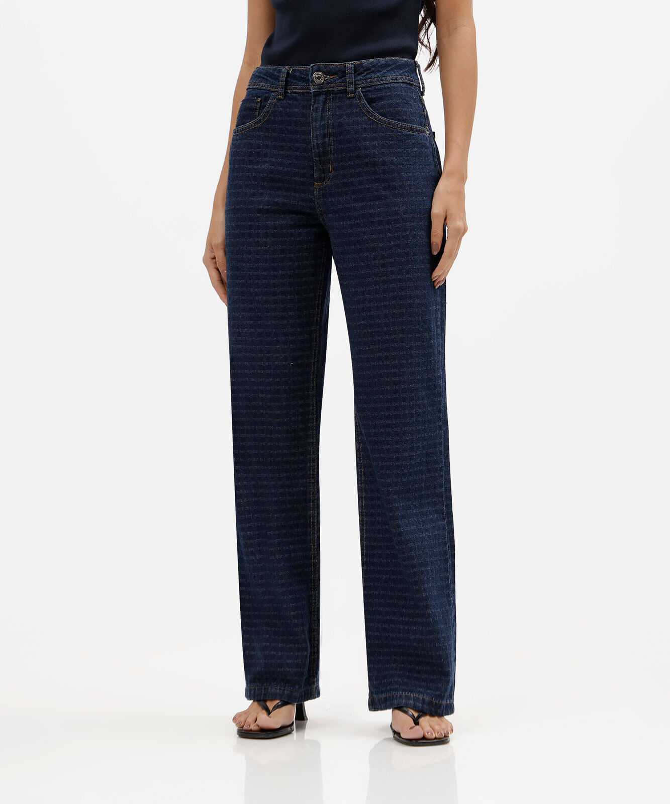 calça wide leg slim feminina jeans cintura alta texturizada azul