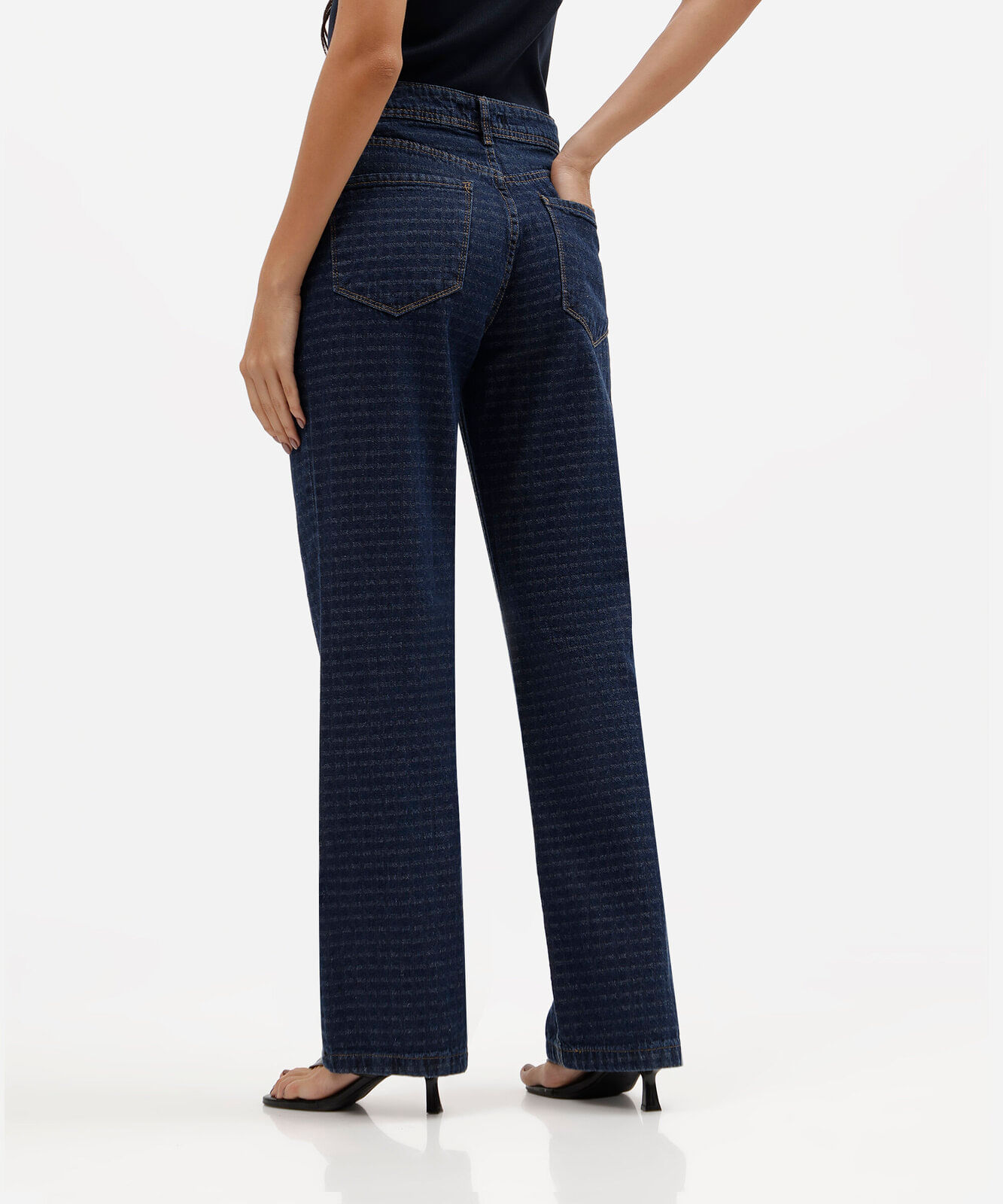 calça wide leg slim feminina jeans cintura alta texturizada azul