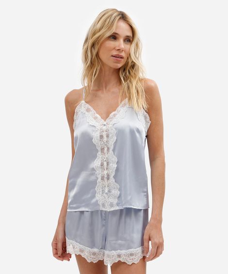 pijama short doll feminino acetinado com renda azul