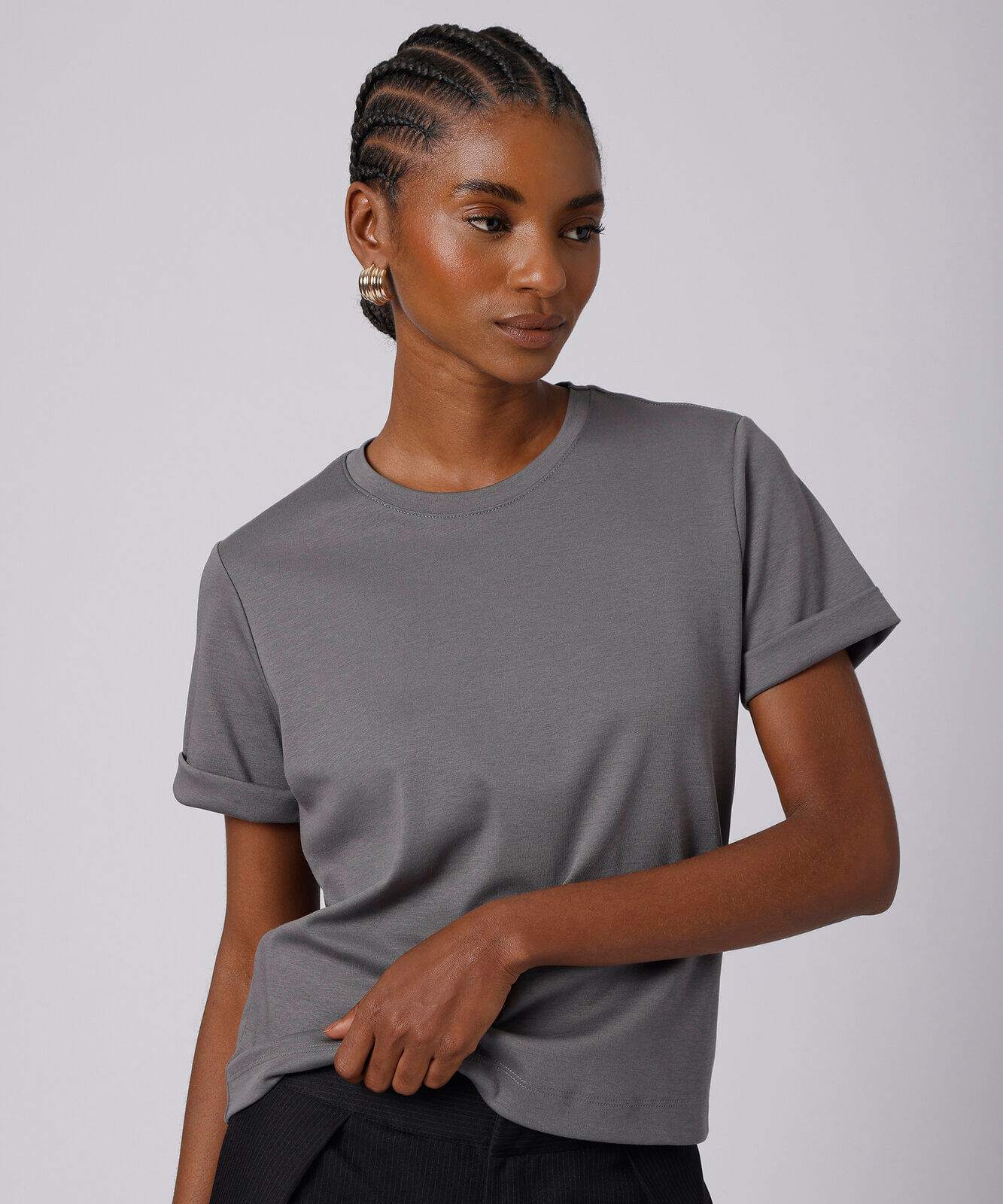 camiseta feminina de algodão peruano manga curta dobrada mindset cinza