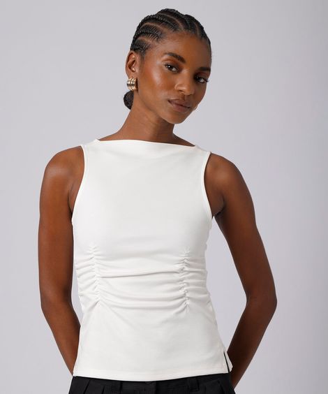regata feminina com viscose decote canoa franzida mindset off white