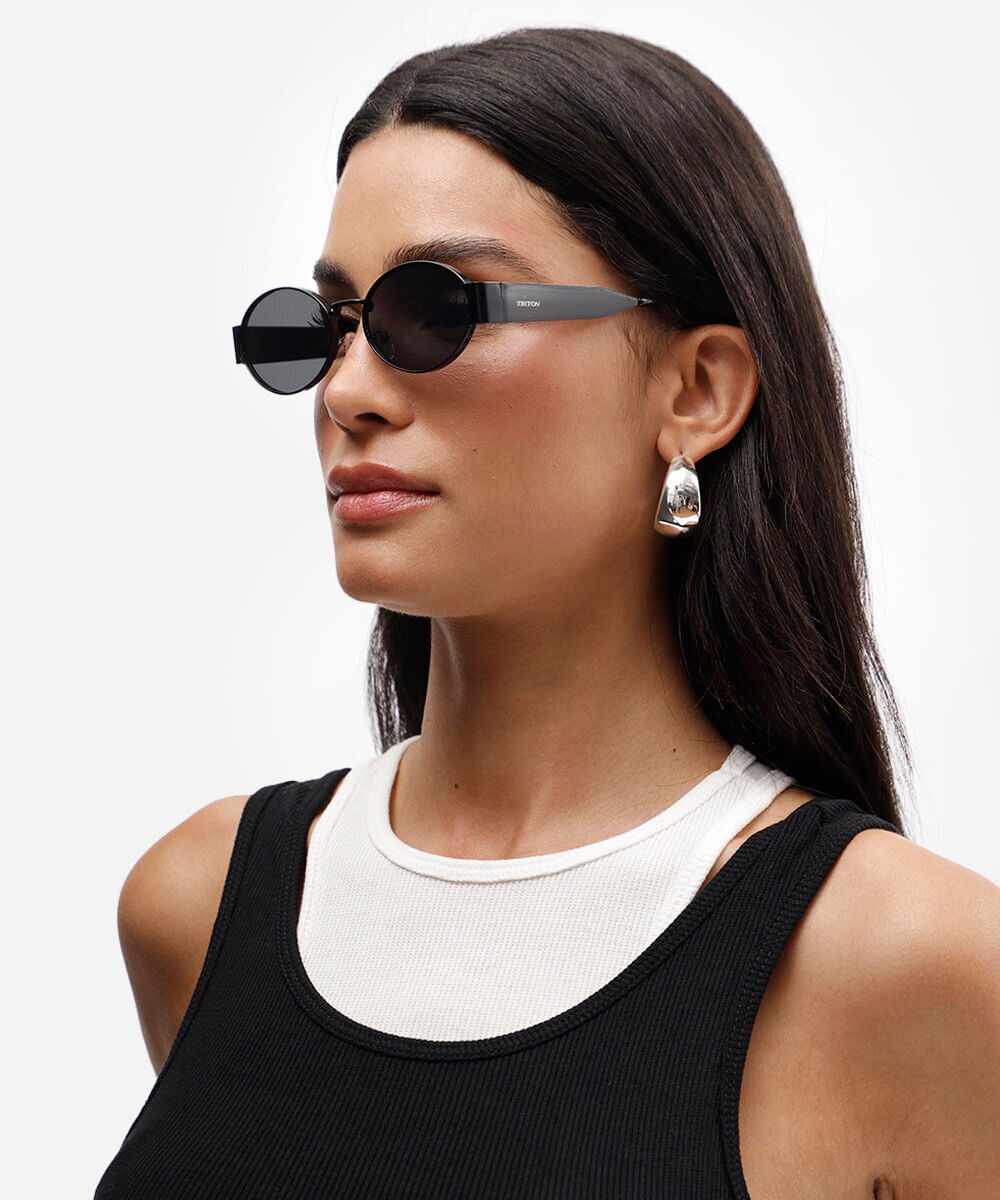 óculos de sol feminino redondo de metal triton preto