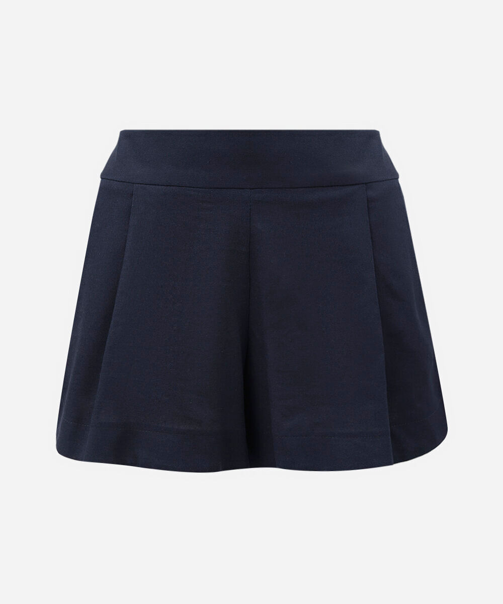 short feminino com linho e pregas azul