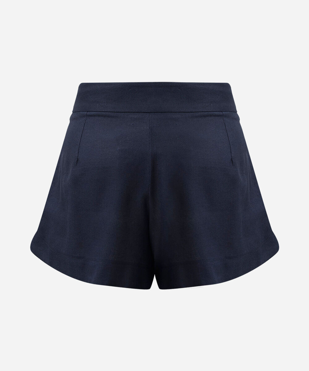 short feminino com linho e pregas azul