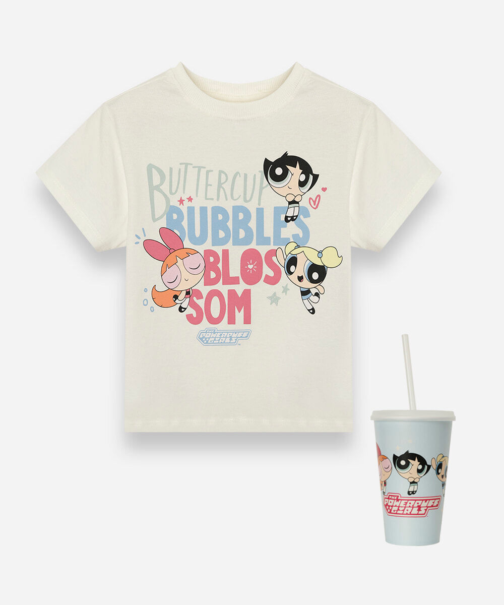 camiseta infantil de algodão manga curta as meninas super poderosas com brinde off white