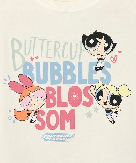 camiseta infantil de algodão manga curta as meninas super poderosas com brinde off white