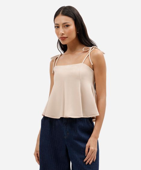 regata peplum feminina com recortes e amarração bege
