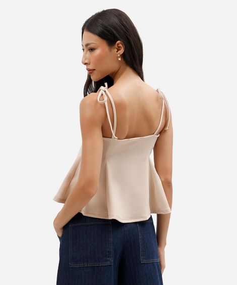 regata peplum feminina com recortes e amarração bege