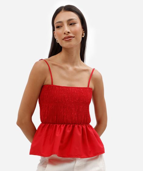 top feminino de alcinha em tricoline com lastex e babado peplum vermelha