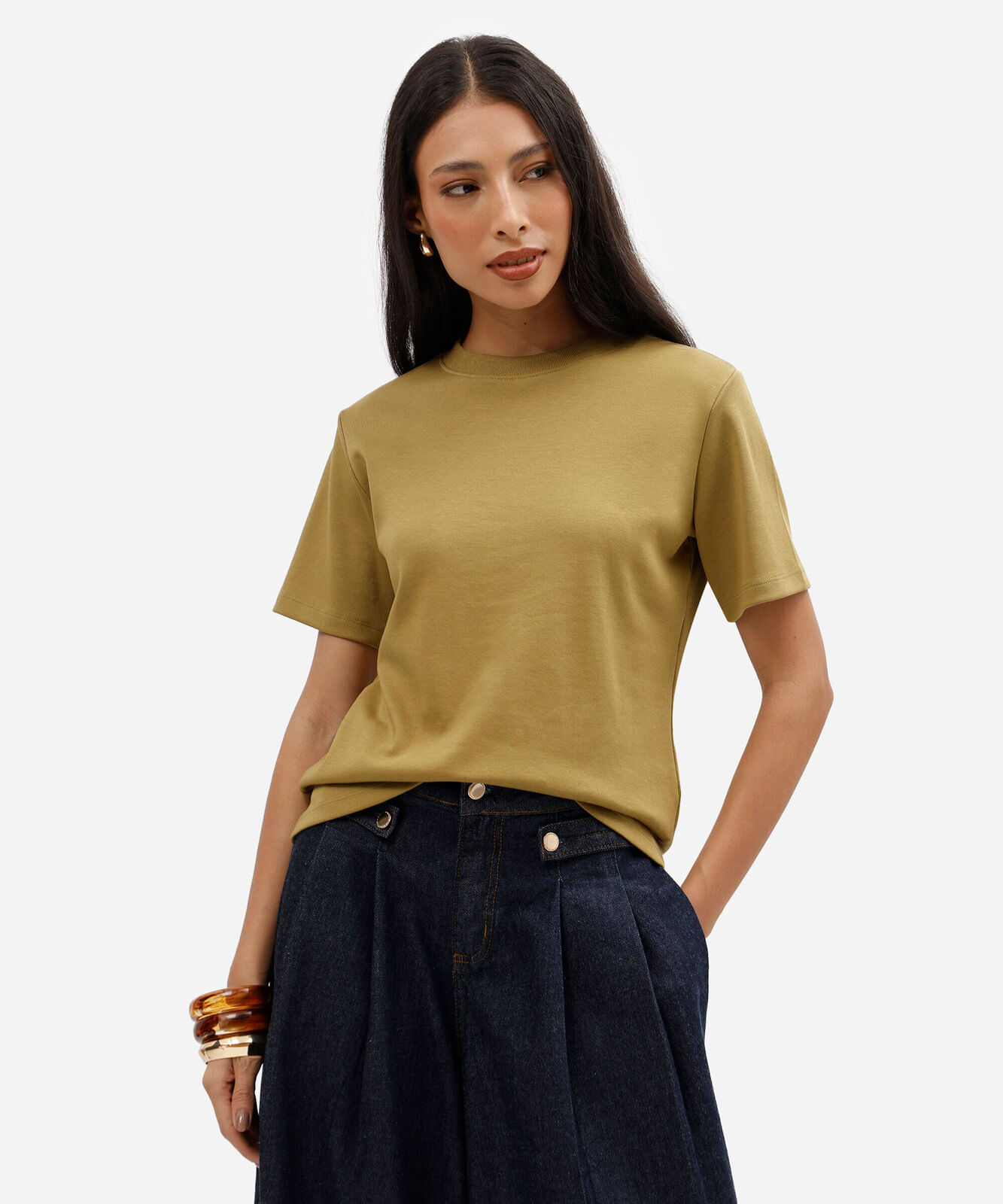 camiseta básica feminina de algodão peruano verde
