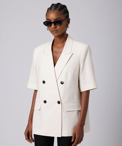 blazer de alfaiataria feminino com linho manga curta mindset off white