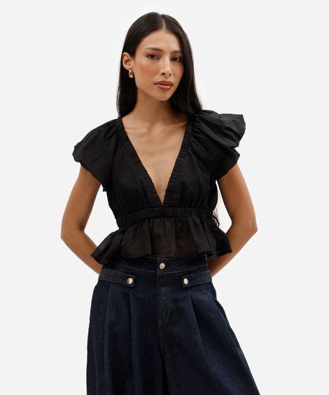 bata feminina decote v com babados preto