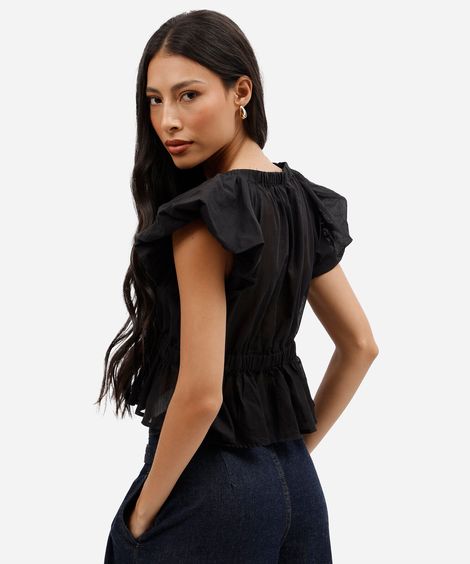 bata feminina decote v com babados preto