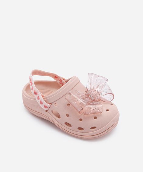 sandália infantil babuche com laço de glitter rosa