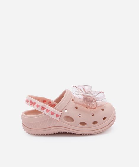 sandália infantil babuche com laço de glitter rosa
