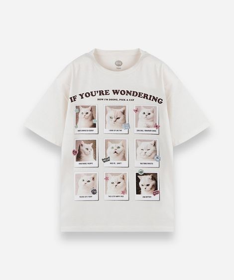 camiseta oversized juvenil de algodão manga curta estampada bege