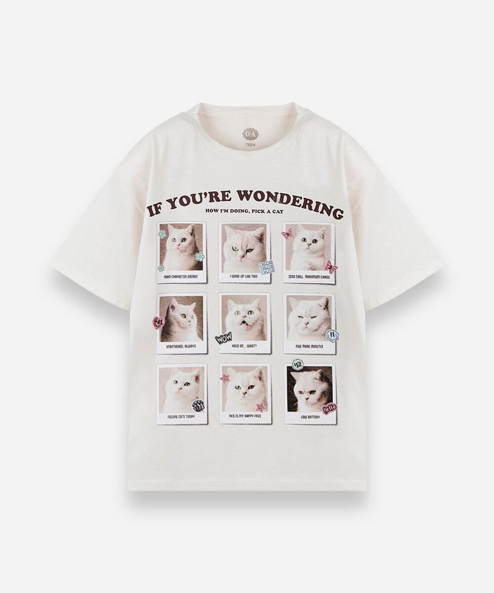 camiseta oversized juvenil de algodão manga curta estampada bege