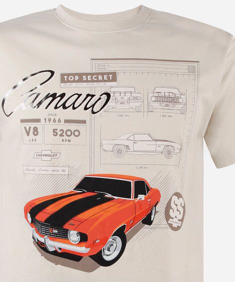 camiseta juvenil de algodão manga curta camaro chevrolet bege
