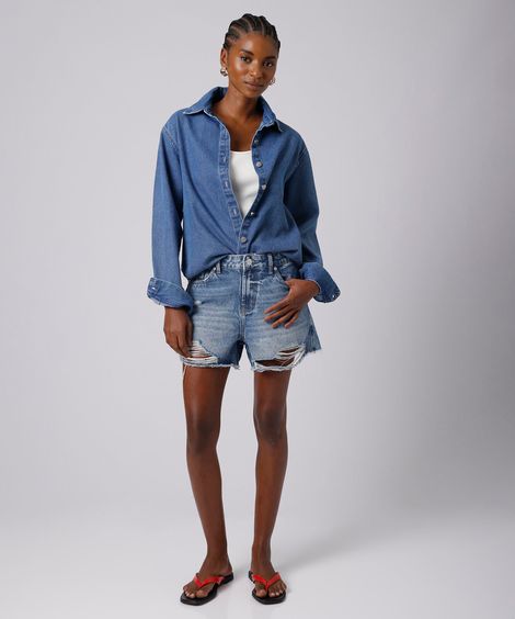 short feminino jeans cintura alta destroyed mindset azul