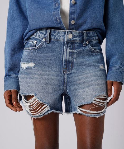 short feminino jeans cintura alta destroyed mindset azul