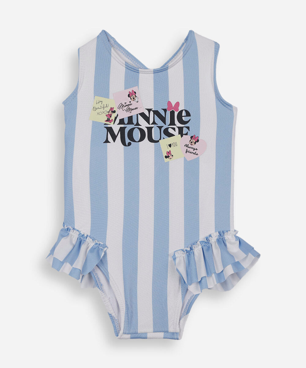 maiô infantil com babado listrado minnie azul
