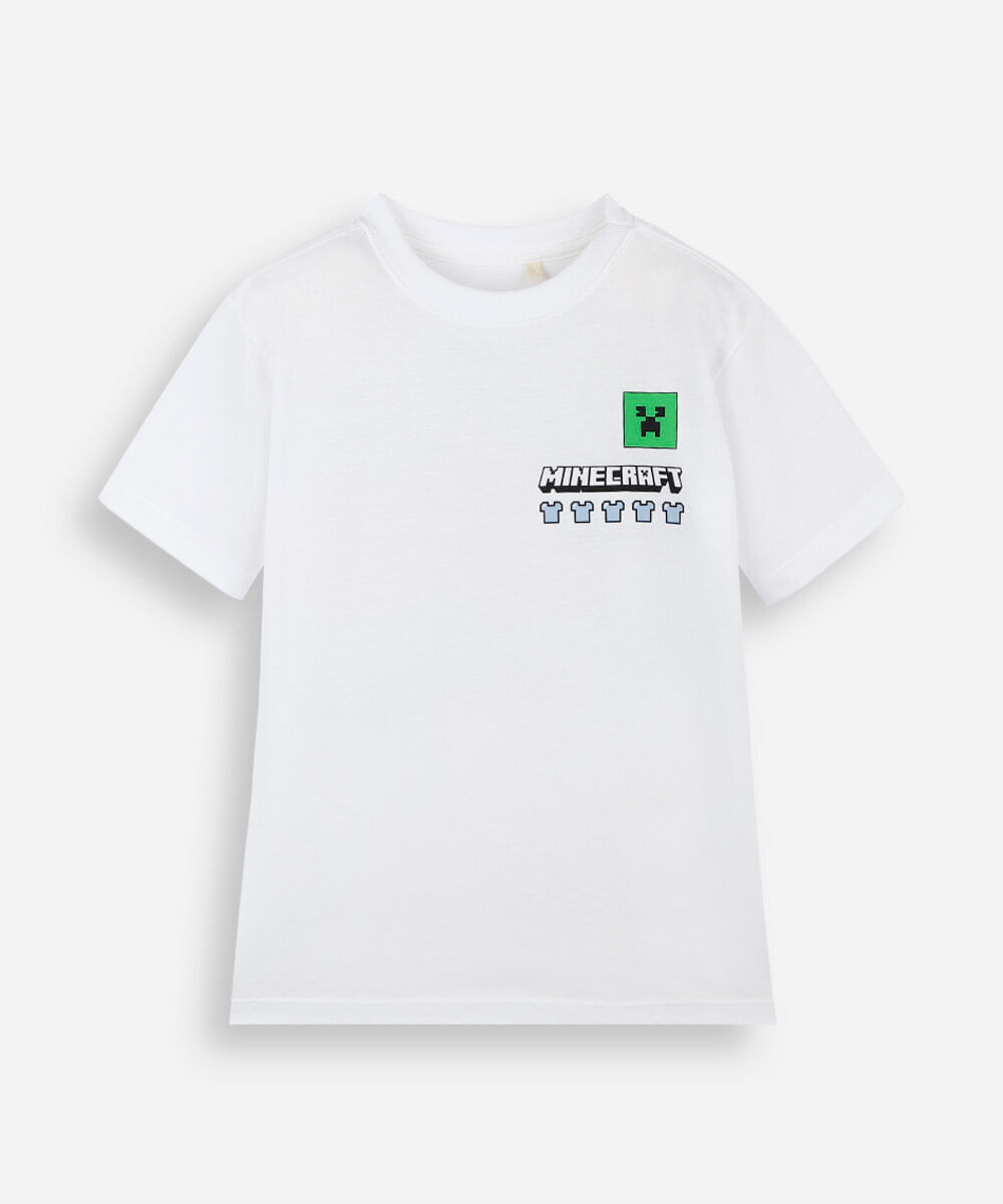 camiseta infantil de algodão manga curta minecraft off white